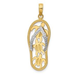 14k Yellow Gold Two-tone Triple Sea Turtle Flip-Flop Necklace Charm Pendant